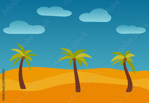 Cartoon nature landscape with three palms in the desert. Vector illustration.  