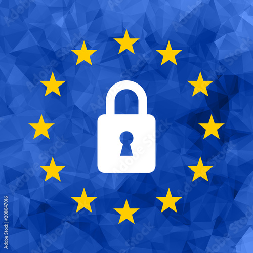 flat padlock with twelve yellow stars on blue triangular background. GDPR concept icon