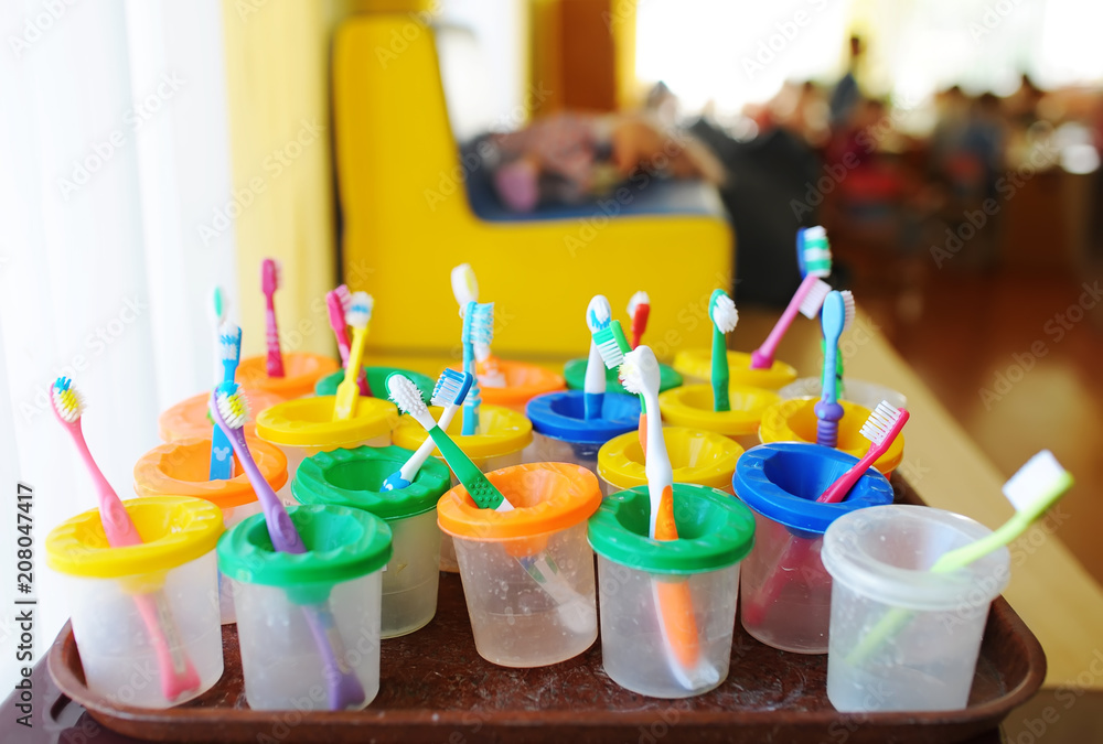 Colorful children's toothbrushes. Group of baby toothbrush prepare for use with children.