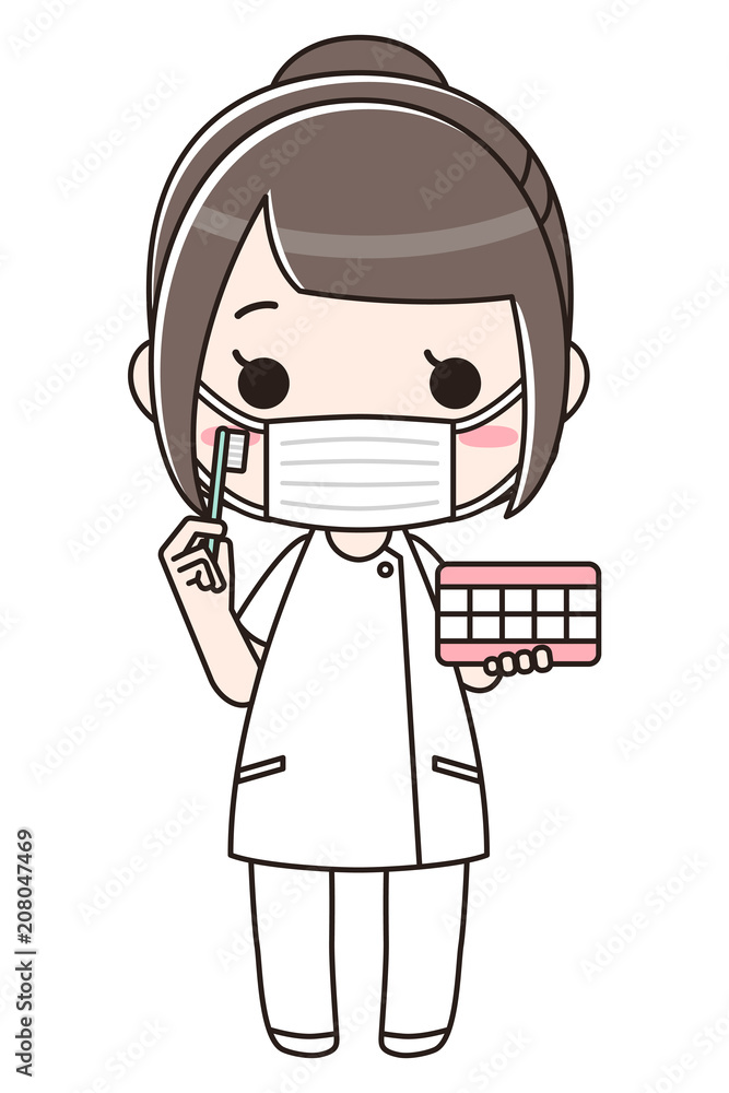 マスクを付けて歯磨き指導をする女性 全身 正面 Vector De Stock Adobe Stock