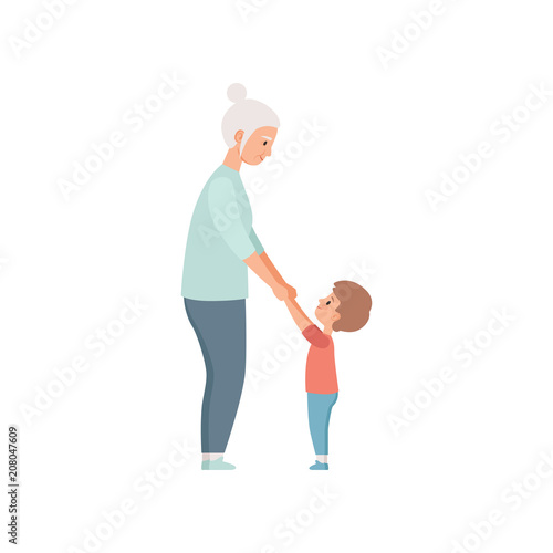 Granny and her little grandson holding hands, grandmother spending time playing with grandson vector Illustration on a white background