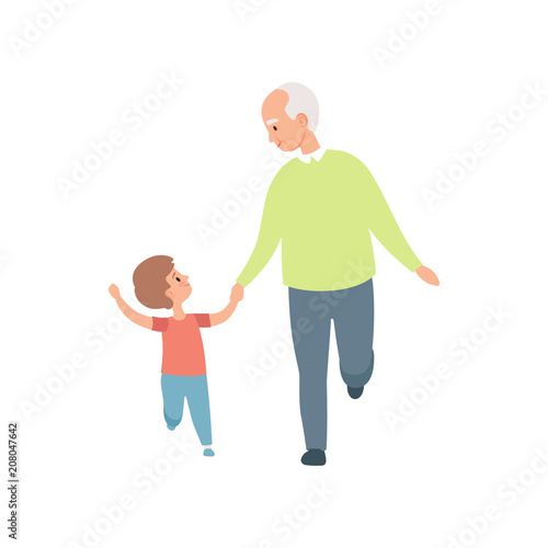 Grandpa walking with his little grandson, grandfather spending time playing with grandson vector Illustration on a white background