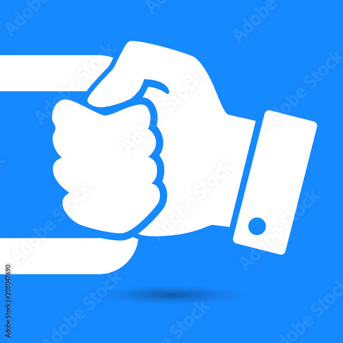 Flat modern art design graphic image of hand with handle on pink and blue background. Concept of pull door icon