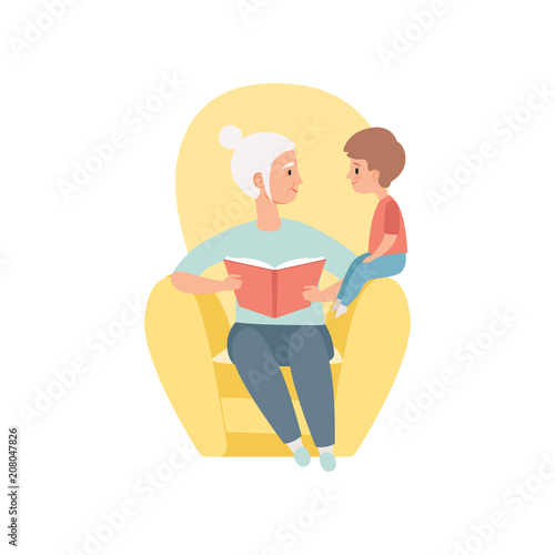 Grandma sitting in the armchair and reading book to her little grandson, grandmother spending time playing with grandson vector Illustration on a white background