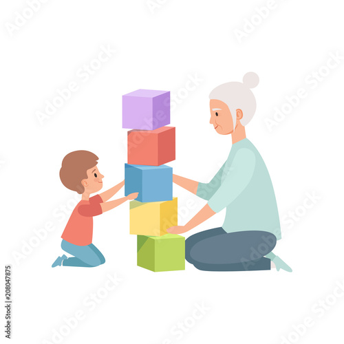Granny and her little grandson sitting on the floor and playing with toy cubes, grandmother spending time playing with grandson vector Illustration on a white background
