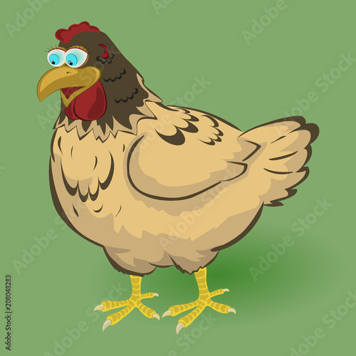 Illustration of a beautiful chicken with a surprised look. Refined chicken in brown tones.