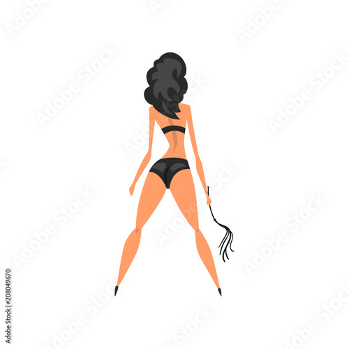 Pretty woman wearing in bdsm style standing with whip, back view vector Illustration on a white background