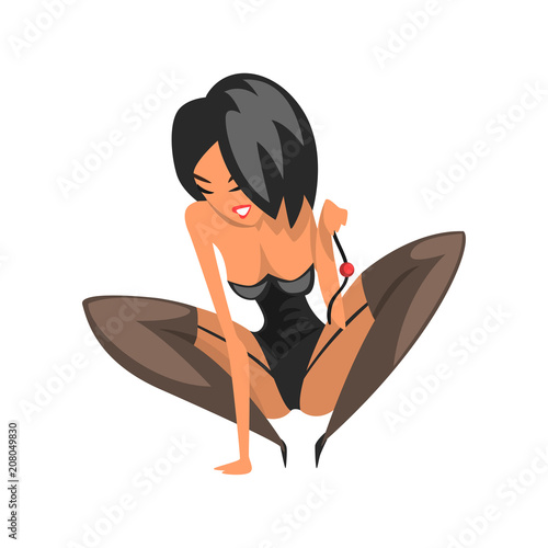 Pretty brunette mistress wearing in bdsm style sitting on the floor vector Illustration on a white background