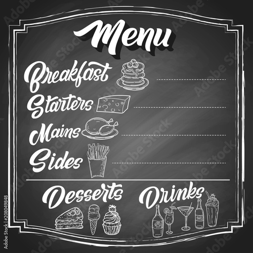 Hand drawn menu sketches with custom brush lettering, on black chalkboard background. Vintage vector restaurant design.