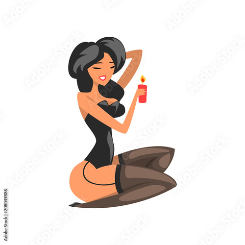 Beautiful brunette woman wearing in bdsm style sitting on the floor with burning candle vector Illustration on a white background