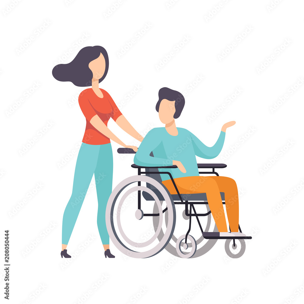 Girl pushing wheelchair with disabled man, girl supporting her friend, handicapped person enjoying full life vector Illustration on a white background Girl pushing wheelchair with disabled man, girl supporting her friend, handicapped person enjoying full life vector Illustration on a white background