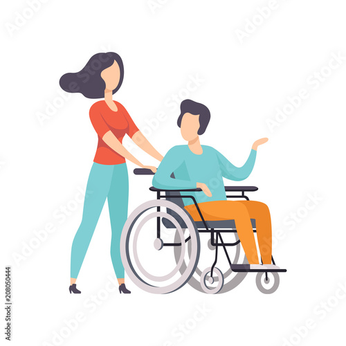 Girl pushing wheelchair with disabled man, girl supporting her friend, handicapped person enjoying full life vector Illustration on a white background