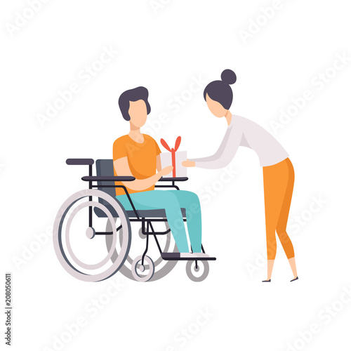 Young woman giving a present to man in wheelchair, disabled person enjoying full life vector Illustration on a white background