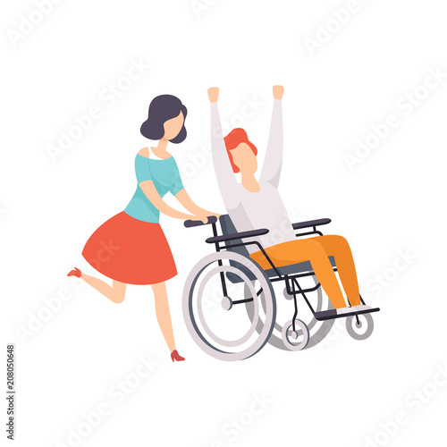 Young woman running and pushing wheelchair with happy disabled man, girl supporting her friend, handicapped person enjoying full life vector Illustration on a white background