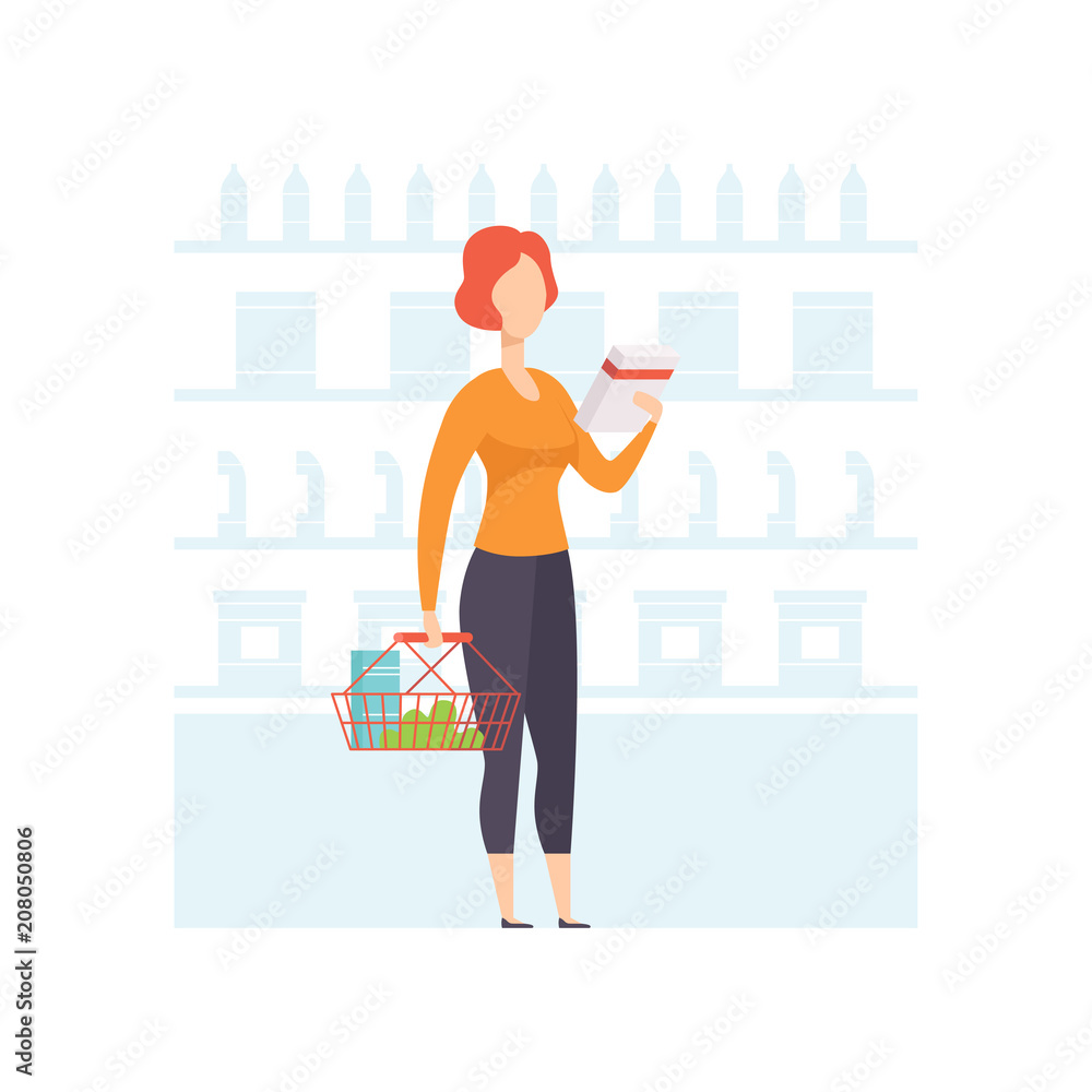 Φωτογραφία Young woman choosing products on shelves at grocery store, girl shopping at supe