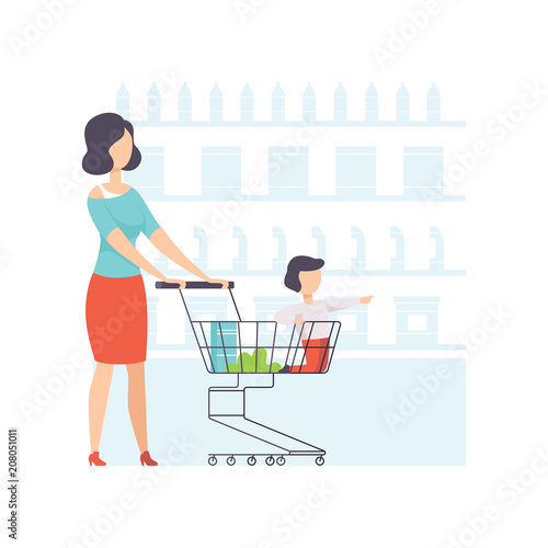 Young woman choosing products with her son sitting in shopping cart, mother and her kid shopping at supermarket vector Illustration on a white background