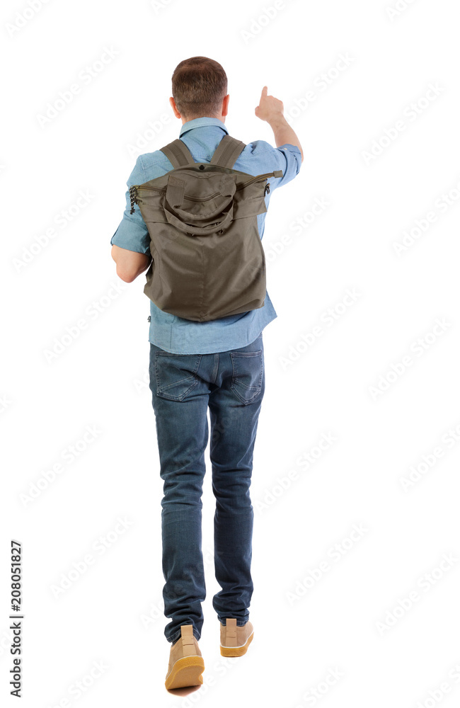 Back view of a walking man with a bag pointing his hand up. Back view of a walking man with a bag pointing his hand up.
