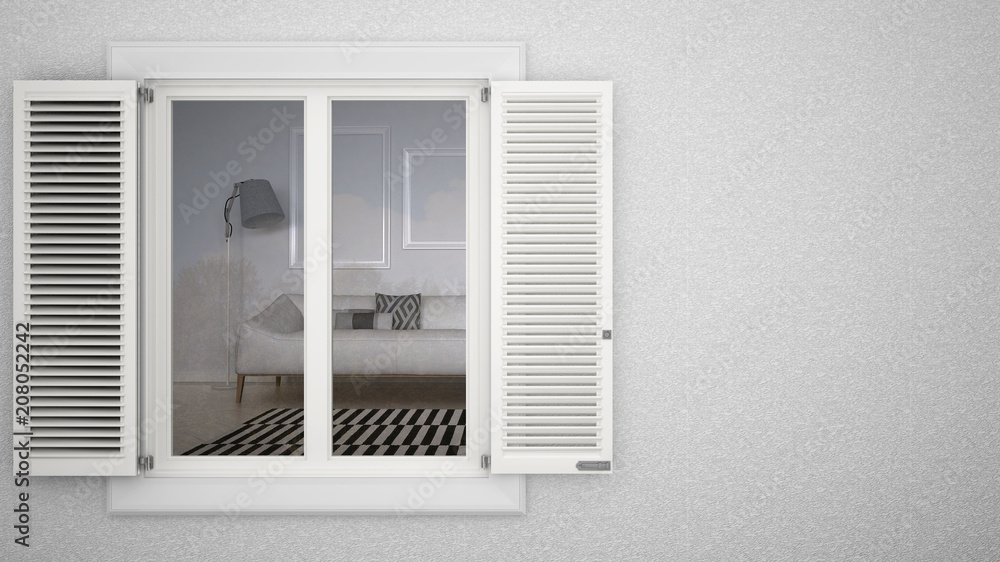 Exterior plaster wall with white window with shutters, showing interior modern living room with sofa, blank background with copy space, architecture design concept Exterior plaster wall with white window with shutters, showing interior modern living room with sofa, blank background with copy space, architecture design concept