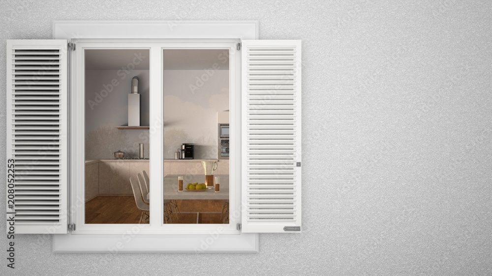 Exterior plaster wall with white window with shutters, showing interior modern kitchen with table, blank background with copy space, architecture design concept Exterior plaster wall with white window with shutters, showing interior modern kitchen with table, blank background with copy space, architecture design concept
