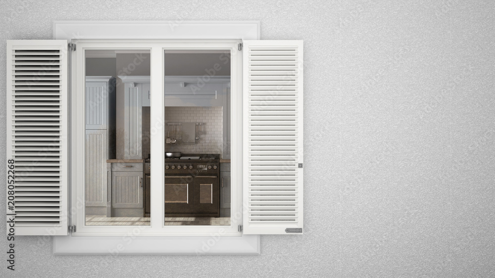 Exterior plaster wall with white window with shutters, showing interior classic kitchen, blank background with copy space, architecture design concept Exterior plaster wall with white window with shutters, showing interior classic kitchen, blank background with copy space, architecture design concept