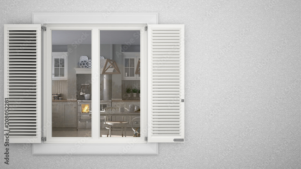 Exterior plaster wall with white window with shutters, showing interior scandinavian kitchen, blank background with copy space, architecture design concept Exterior plaster wall with white window with shutters, showing interior scandinavian kitchen, blank background with copy space, architecture design concept