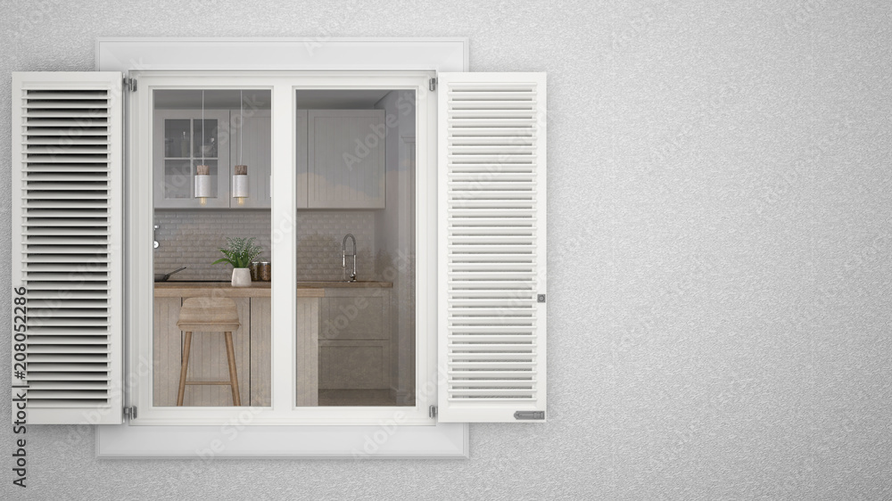 Exterior plaster wall with white window with shutters, showing interior scandinavian kitchen with island, blank background with copy space, architecture design concept