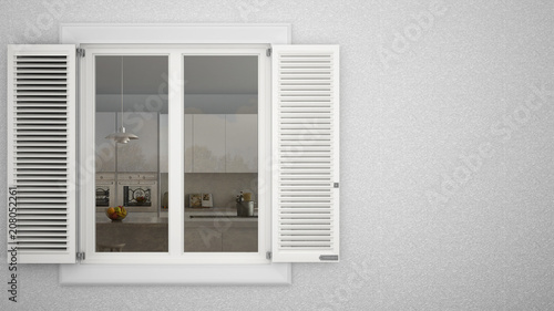 Exterior plaster wall with white window with shutters  showing interior modern kitchen with island  blank background with copy space  architecture design concept