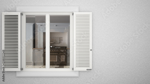 Exterior plaster wall with white window with shutters  showing interior classic kitchen  blank background with copy space  architecture design concept