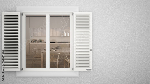 Exterior plaster wall with white window with shutters  showing interior classic kitchen with table  blank background with copy space  architecture design concept
