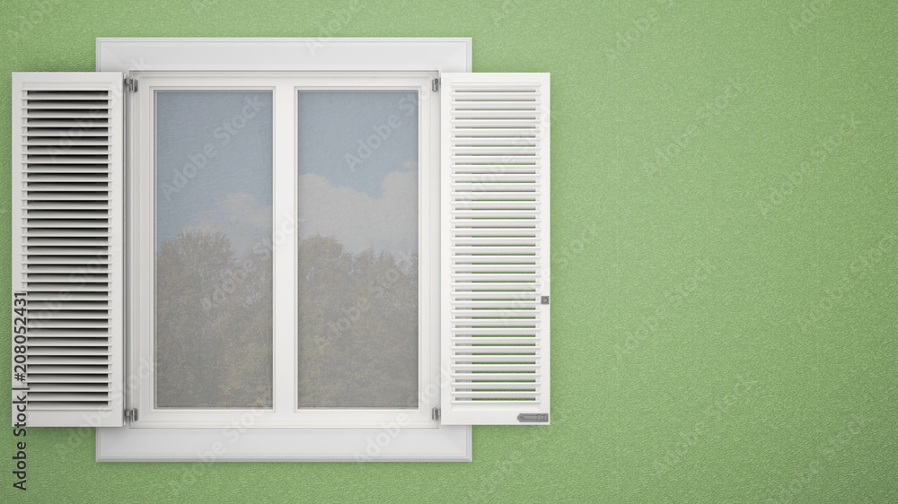 Exterior plaster wall with white window with shutters, garden reflections, pastel green background with copy space, architecture design concept Exterior plaster wall with white window with shutters, garden reflections, pastel green background with copy space, architecture design concept