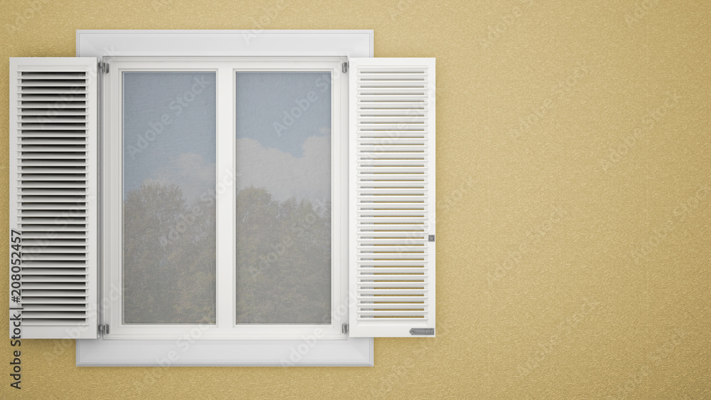 Exterior plaster wall with white window with shutters, garden reflections, pastel yellow background with copy space, architecture design concept Exterior plaster wall with white window with shutters, garden reflections, pastel yellow background with copy space, architecture design concept