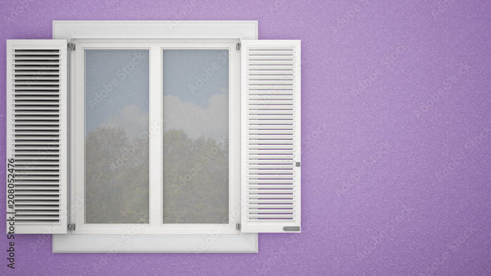 Exterior plaster wall with white window with shutters, garden reflections, pastel violet background with copy space, architecture design concept Exterior plaster wall with white window with shutters, garden reflections, pastel violet background with copy space, architecture design concept