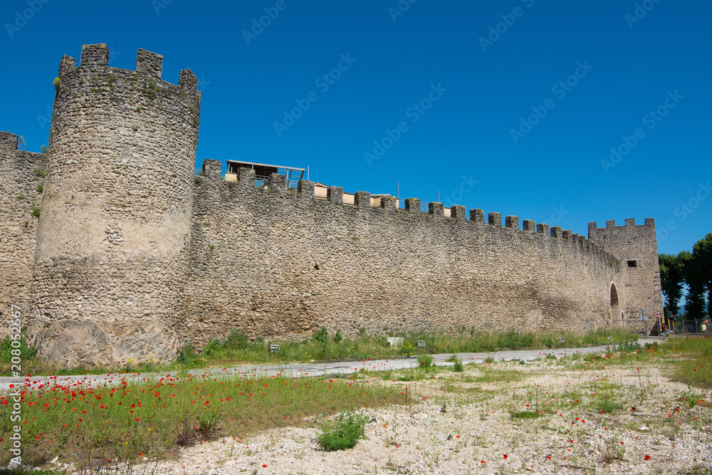 Tourist view of Rieti, in Lazio, Italy. The medieval walls and the gateway