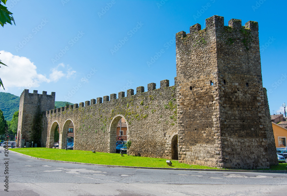 Tourist view of Rieti, in Lazio, Italy. The medieval walls and the gateway