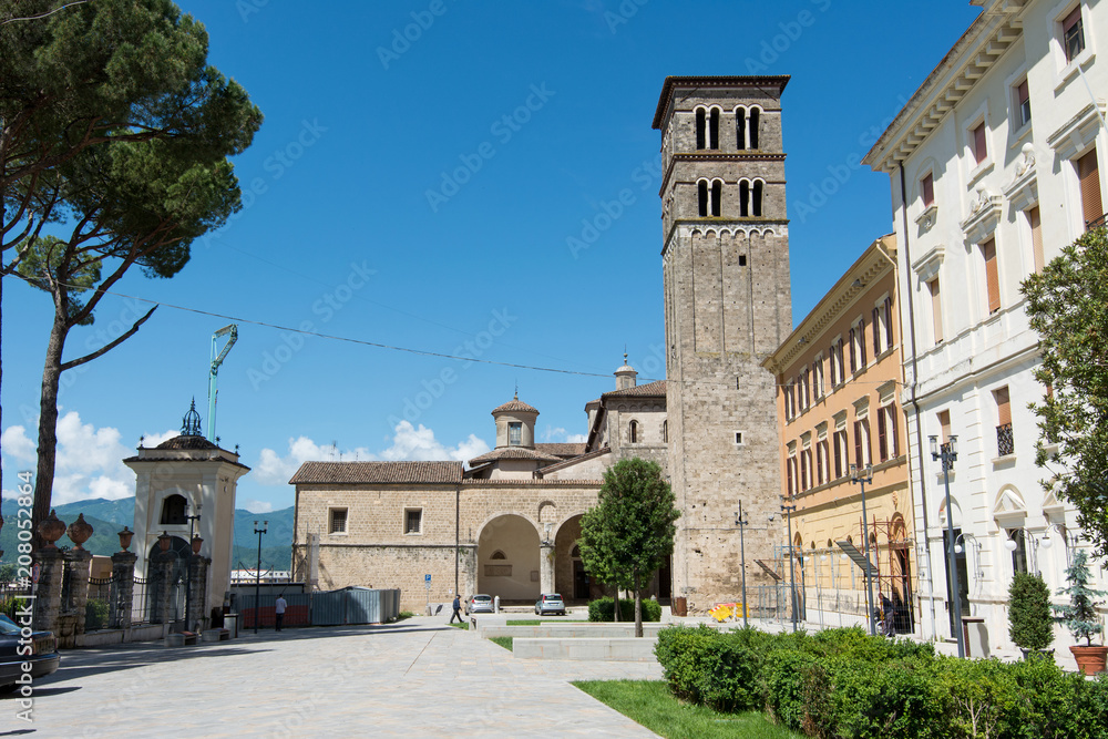 Fototapeta premium Tourist view of Rieti, in Lazio, Italy. The Bell tower of St. Mary Cathedral