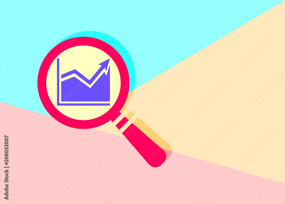 flat modern red search going up graph icon with shadow on blue and pink pastel colored background flat modern red search going up graph icon with shadow on blue and pink pastel colored background