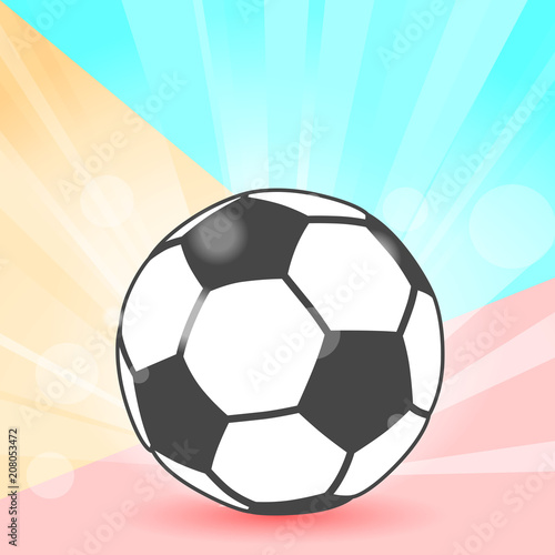 Flat modern pastel colored soccer ball icon with shadow and flash rays on pink and blue background