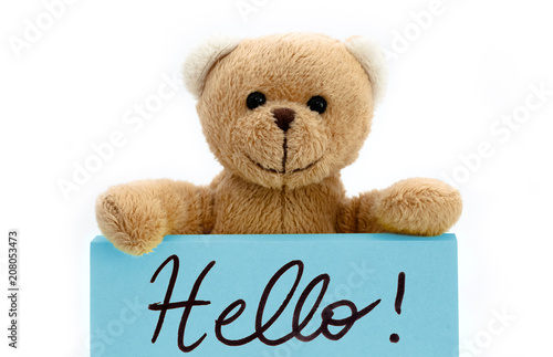 Brown teddy bear holding with the two hands a note in blue color with the handwritten message “Hello!” as welcome sign concept. Photo isolated in a seamless white background. © fewerton