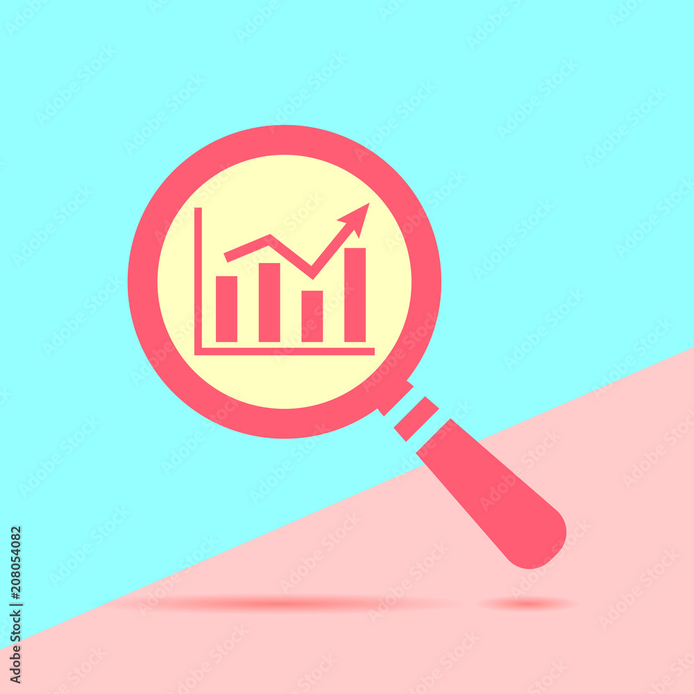 flat modern red search going up graph icon with shadow on blue and pink pastel colored background flat modern red search going up graph icon with shadow on blue and pink pastel colored background