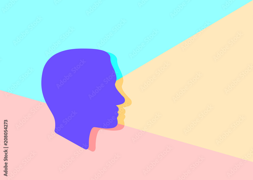 Flat Line modern pastel colored art design graphic image concept of Face profile icon with shadow on pink and blue background