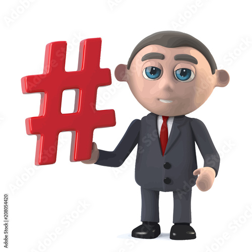 Vector 3d cartoon businessman character holding a hashtag symbol