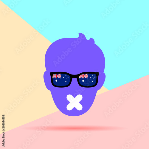 Flat Line modern art design graphic image of Flat Male face with glasses with Australian flag and sticky tape on his mouth icon on pink and blue background. freedom of speech censorship concept