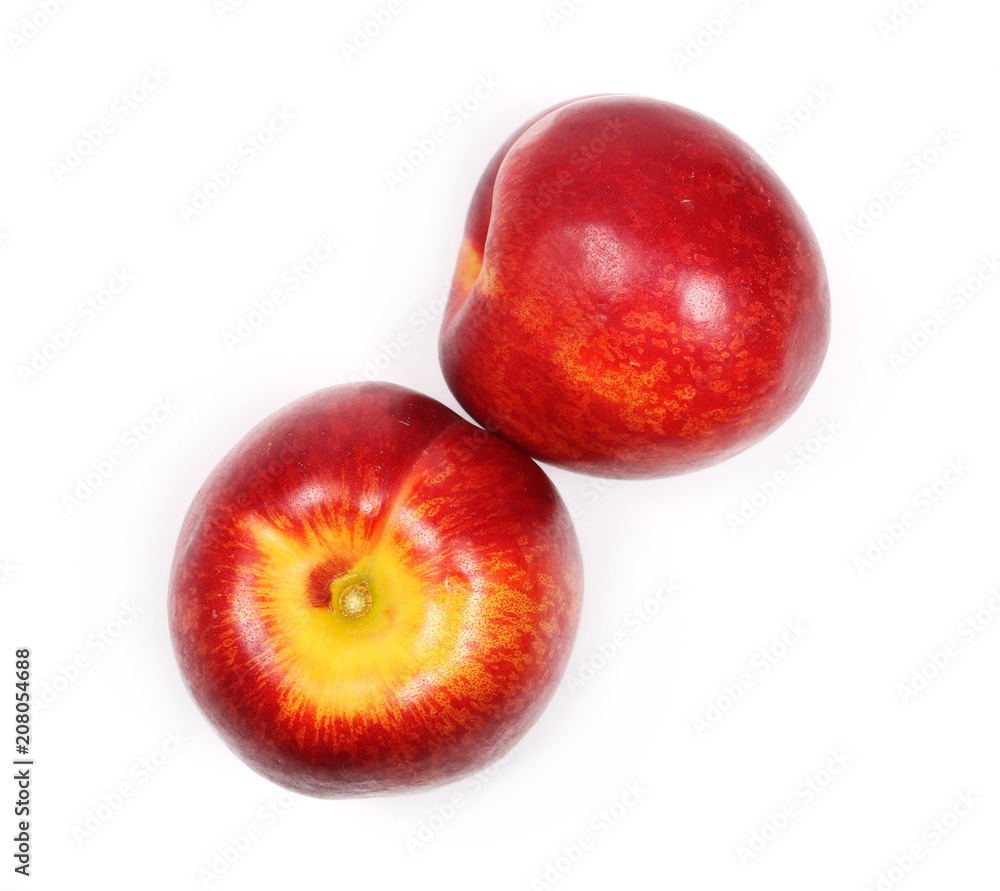 Ripe peaches isolated on white background, top view