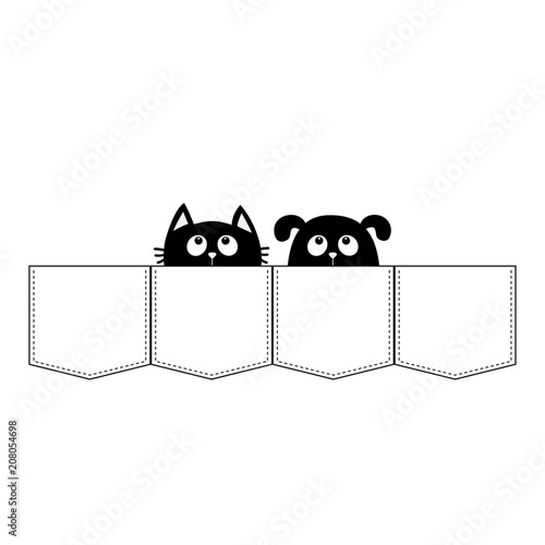 Cute cartoon animals. Cat Dog in the pocket. Kitten kitty Puppy pooch contour character. Dash line. Pet animal collection. White and black color. T-shirt design. Isolated. Baby background. Flat