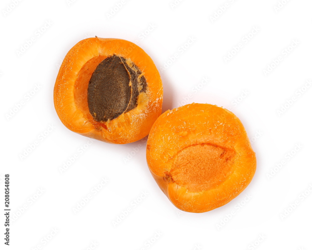 Fresh cut apricot fruit slices isolated on white background, top view Fresh cut apricot fruit slices isolated on white background, top view