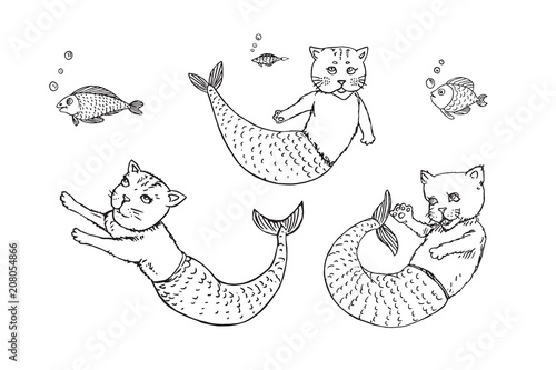 Mermaid cats collection and funny fishes, hand drawn outline doodle sketch, black and white vector illustration