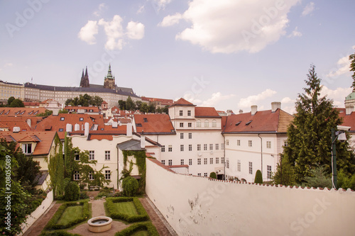 Nontraditional Prague view from romantic court to Prague castle with St Vitus cathedral