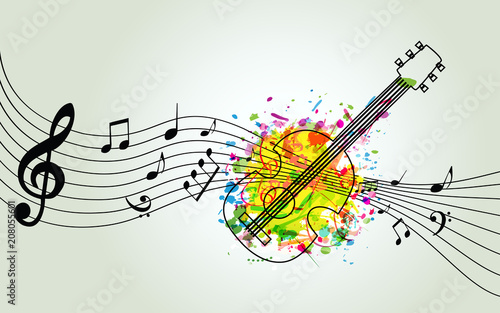 Plakat Muzyczny kolorowy tło z muzyk notatkami i gitara wektorowym ilustracyjnym projektem. Plakat festiwalu muzyki, kreatywny projekt gitary z personelu muzycznego