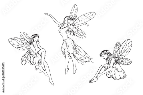 Beautiful three young fairies dancing, flying in wind and sitting around, hand drawn outline doodle sketch, black and white vector illustration