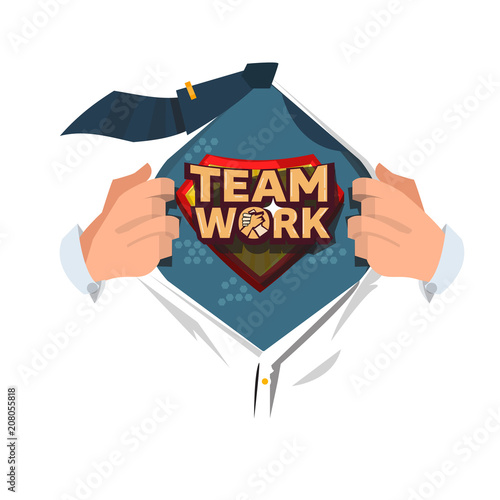 Man open his shirt to show "Team Work" typographic in cartoon style. power of teamwork concept - vector